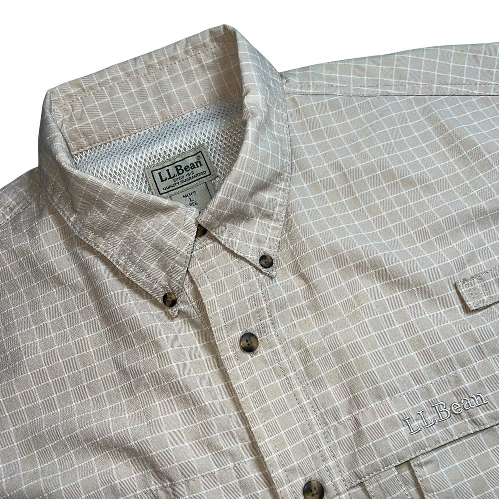 L.L. Bean Mens Large Tan Gingham Check Short Sleeve Vented Shirt Fishing Outdoor